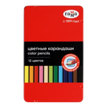 Карандаши цветные Гамма, 12цв., квадратные, заточен., метал. пенал Карандаши цветные Гамма, 12цв., квадратные, заточен., метал. пенал