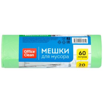 Мешки для мусора 60л OfficeClean биоразлагаемые, ПНД, 60*70см, 15мкм, 20шт., прочные, зеленые, в рулоне Мешки для мусора 60л OfficeClean биоразлагаемые, ПНД, 60*70см, 15мкм, 20шт., прочные, зеленые, в рулоне