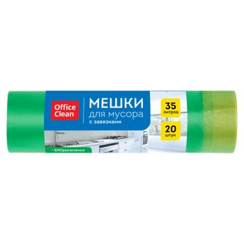 Мешки для мусора 35л OfficeClean биоразлагаемые ПНД, 50*60см, 15мкм, 20шт., прочные, зеленые, в рулоне, с завязками Мешки для мусора 35л OfficeClean биоразлагаемые ПНД, 50*60см, 15мкм, 20шт., прочные, зеленые, в рулоне, с завязками