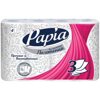 Полотенца бумажные в рулонах Papia, 3-слойные, тиснение, белые, 1/2 листа, 4шт. Полотенца бумажные в рулонах Papia, 3-слойные, тиснение, белые, 1/2 листа, 4шт.