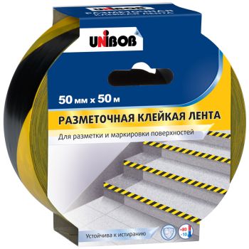 Клейкая лента разметочная Unibob, 50мм*50м, желто-черная, инд. упаковка Клейкая лента разметочная Unibob, 50мм*50м, желто-черная, инд. упаковка